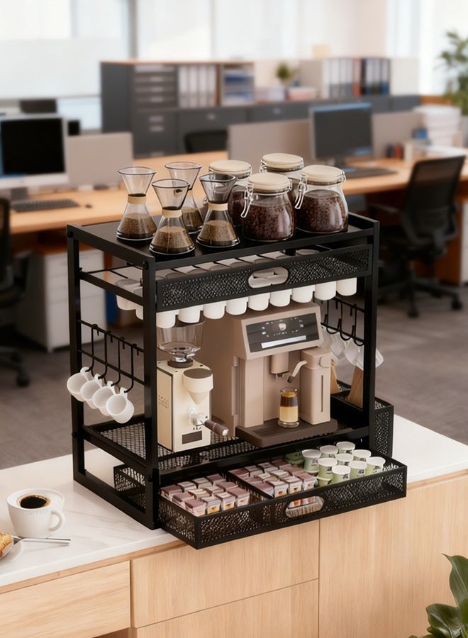 Forthcan Multi-Layer Coffee Machine Storage Rack with Cup Hooks, Open Shelves Organizer for Kitchen Counter, Office or Coffee Station - Image 2